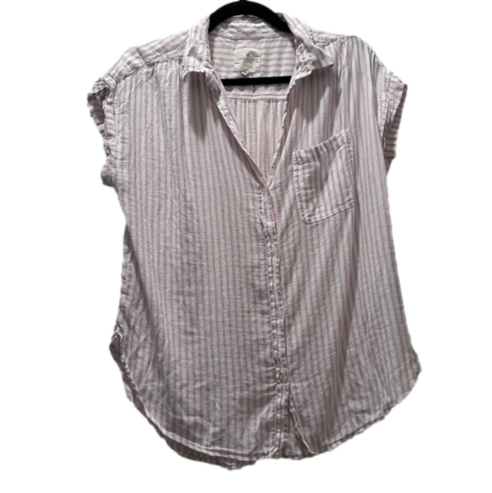 American Eagle Women's Pink and White Striped Button Down Blouse